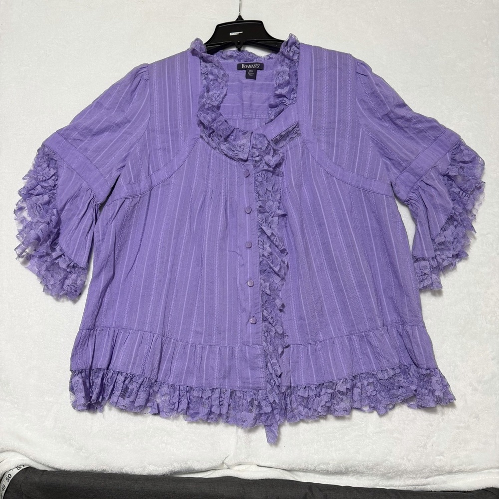 Roaman's Top Women's 18W Purple Whitney Lace Ruffled 3/4 Sleeve Blouse Fairycore